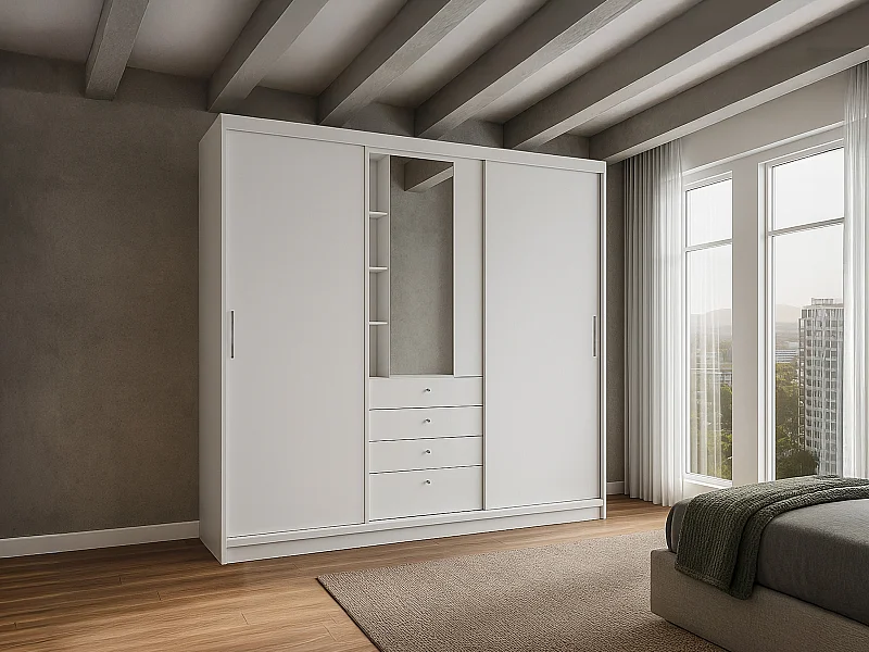 Armadio 2 ante scorrevoli con Specchio e cassetti L.240 cm Bianco - BODIL