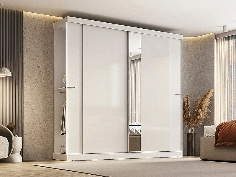 Kleiderschrank mit 2 Schiebetüren + Spiegel - B. 231 cm -  Weiß - ADALRIK II