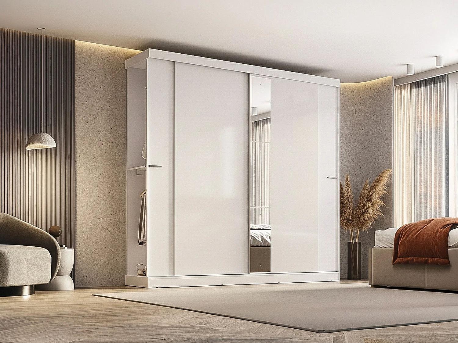 Kleiderschrank mit 2 Schiebetüren + Spiegel - B. 231 cm -  Weiß - ADALRIK II