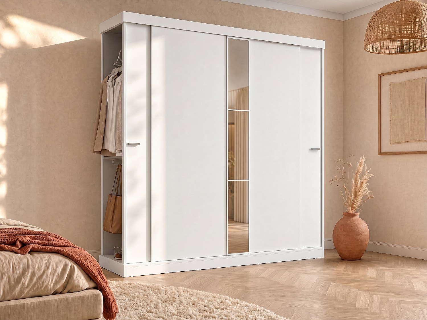 Kleiderschrank mit 2 Schiebetüren + Spiegel - B. 231 cm -  Weiß - ADALRIK II
