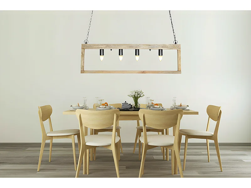 Suspension style industriel caisse rectangulaire en bois OLIUS - bois et métal -4 lampes - H. 31 x L.100 cm - naturel et noir