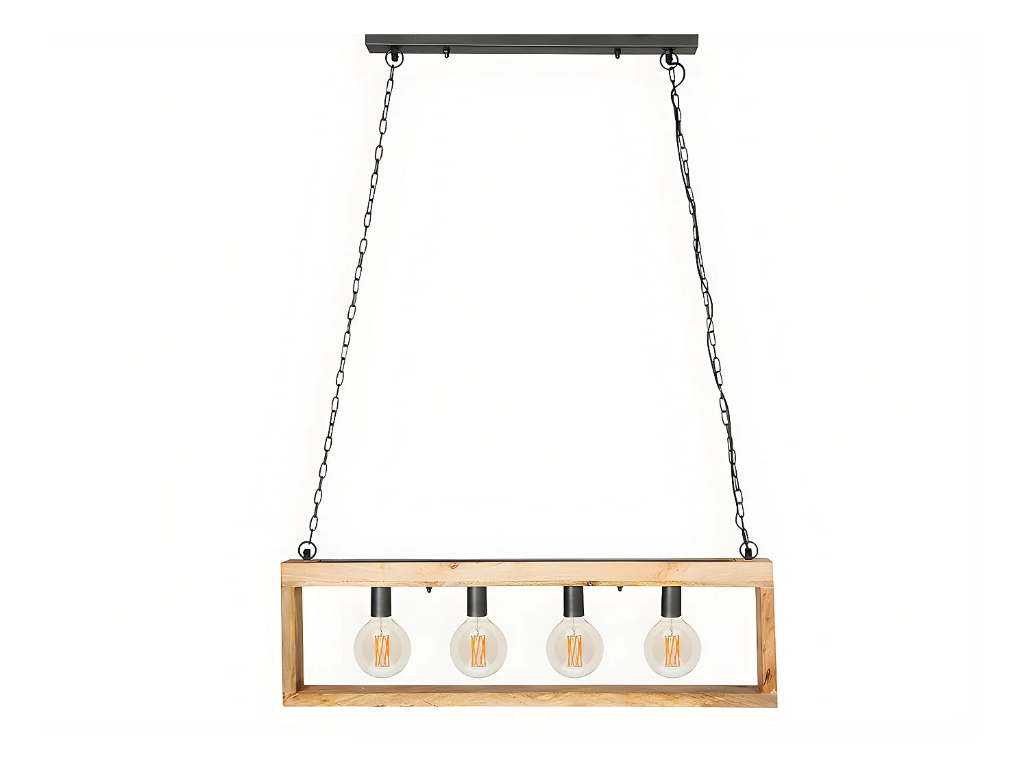 Suspension style industriel caisse rectangulaire en bois OLIUS - bois et métal -4 lampes - H. 31 x L.100 cm - naturel et noir