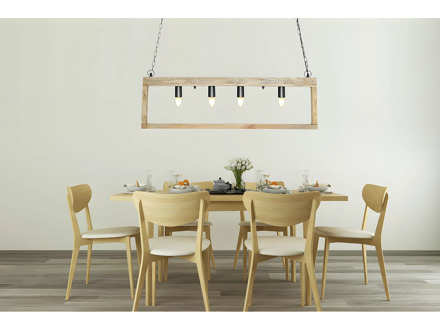 Suspension style industriel caisse rectangulaire en bois OLIUS - bois et métal -4 lampes - H. 31 x L.100 cm - naturel et noir