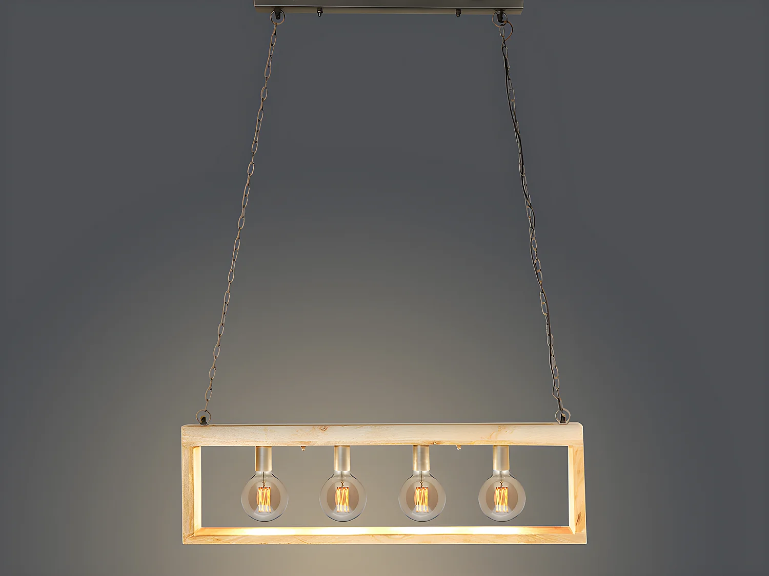 Suspension style industriel caisse rectangulaire en bois OLIUS - bois et métal -4 lampes - H. 31 x L.100 cm - naturel et noir