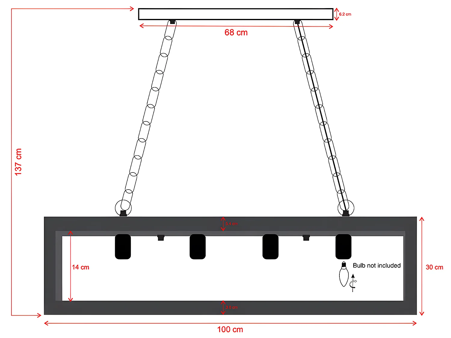 Suspension style industriel caisse rectangulaire en bois OLIUS - bois et métal -4 lampes - H. 31 x L.100 cm - naturel et noir