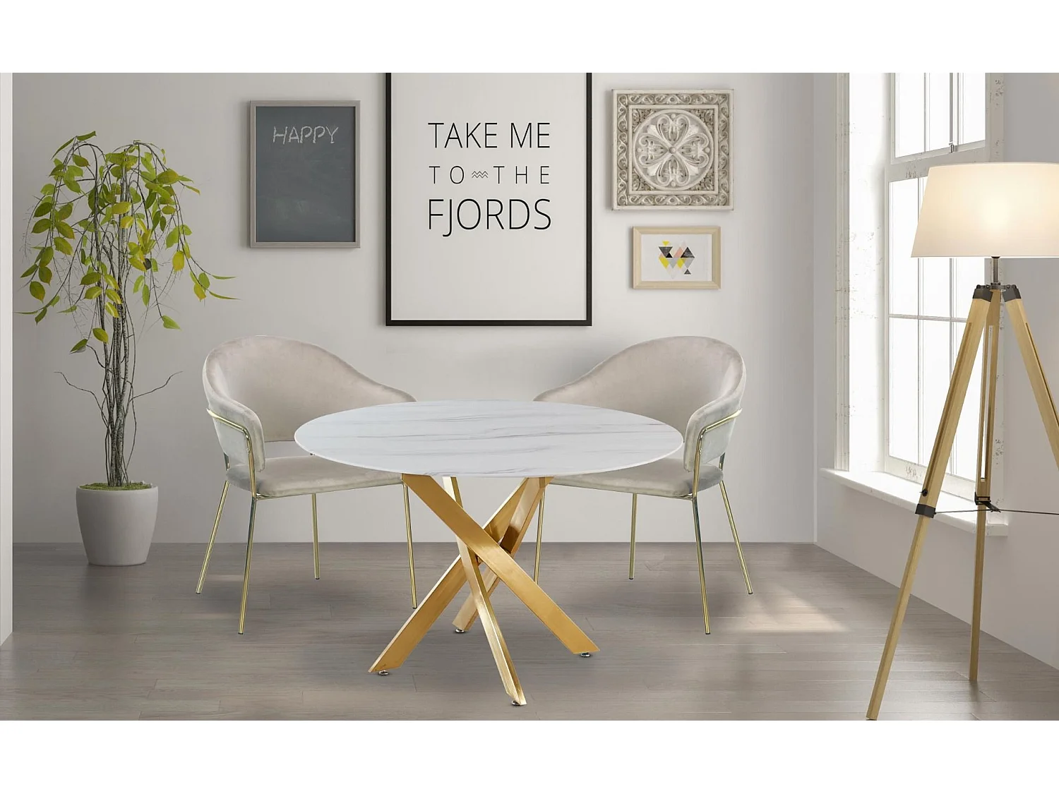 Mesa redonda Corix efecto mármol patas doradas