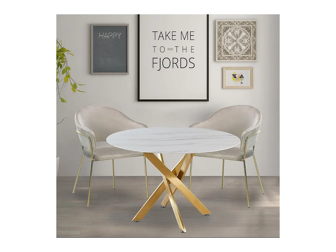 Table ronde Corix Verre effet Marbre Blanc et pieds Or