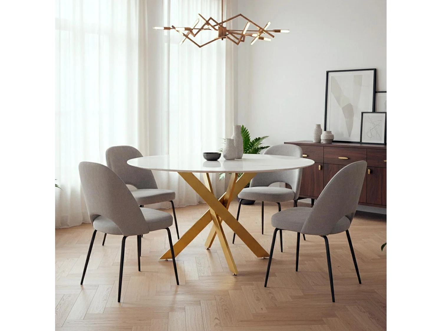 Table ronde Corix Verre effet Marbre Blanc et pieds Or