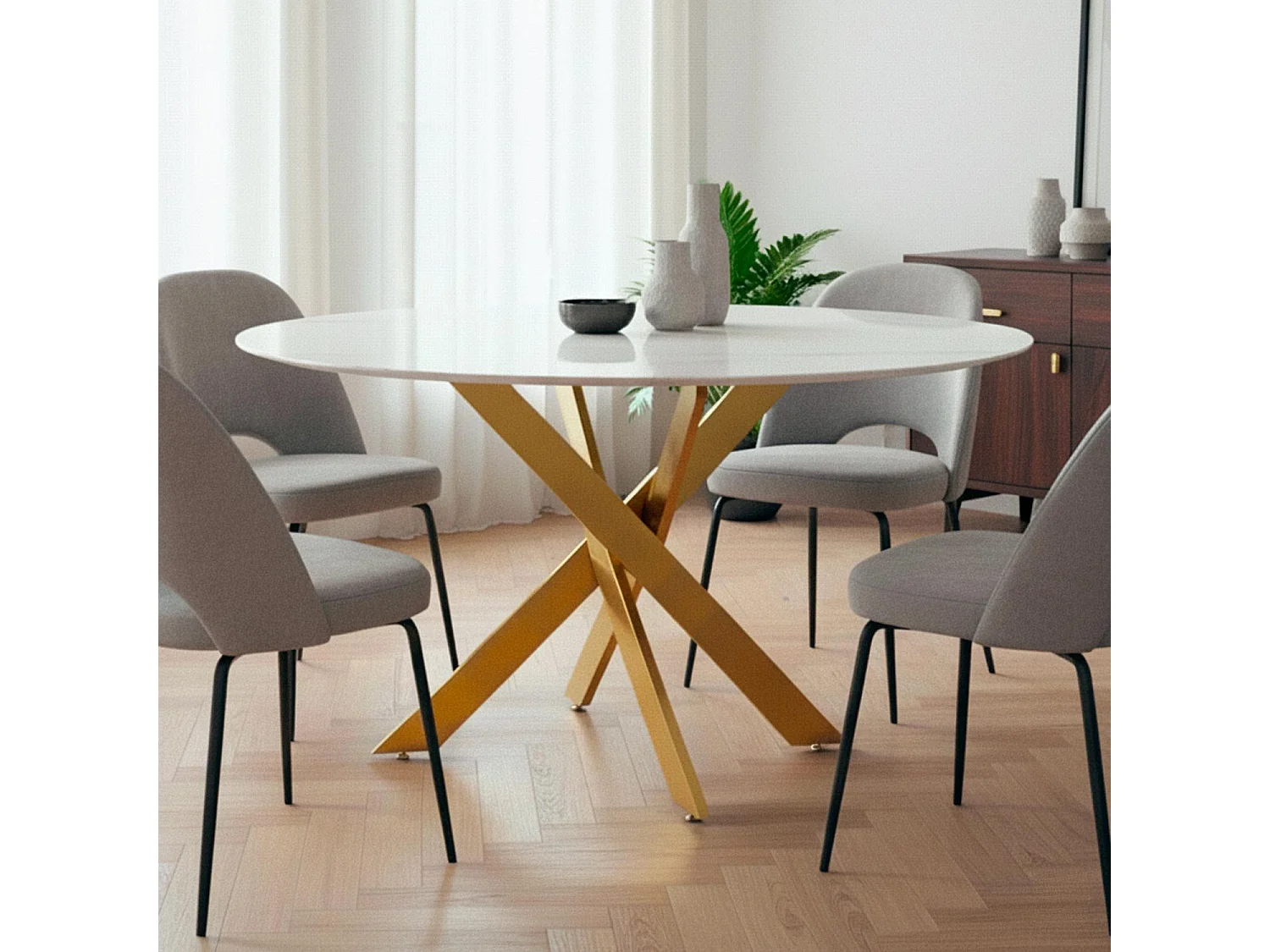 Table ronde Corix Verre effet Marbre Blanc et pieds Or