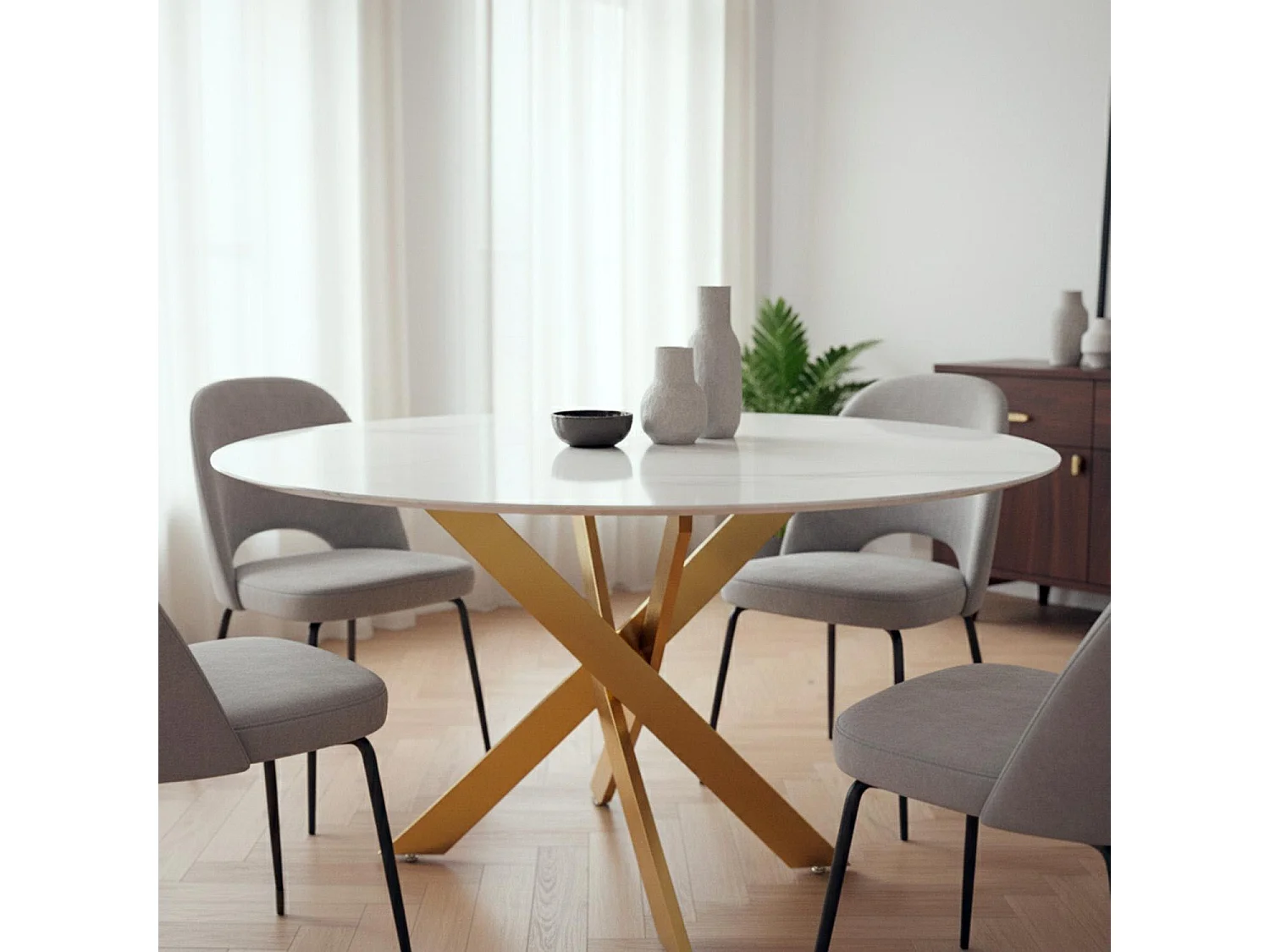 Table ronde Corix Verre effet Marbre Blanc et pieds Or