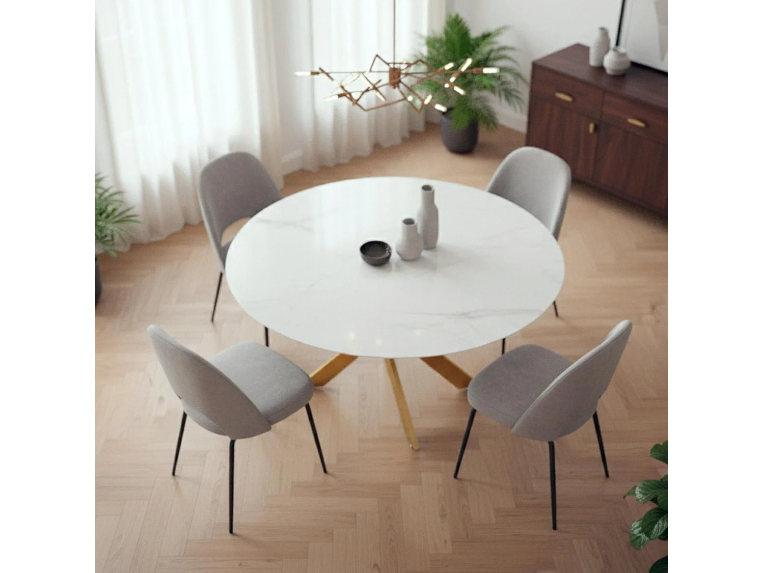 Table ronde Corix Verre effet Marbre Blanc et pieds Or