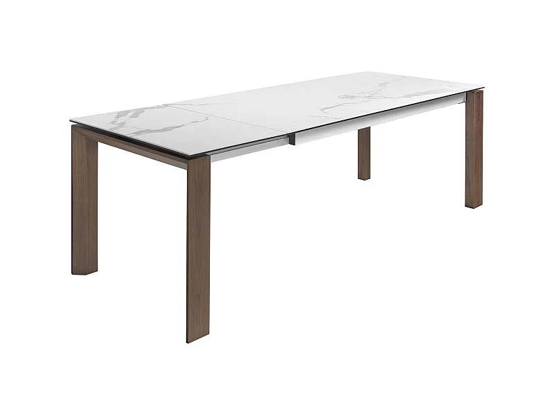 Table de diner plateau rectangulaire extensible en porcelaine et verre pieds bois