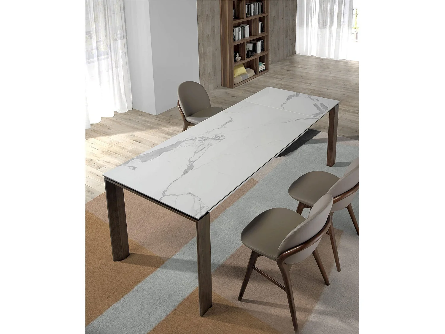 Table de diner plateau rectangulaire extensible en porcelaine et verre pieds bois