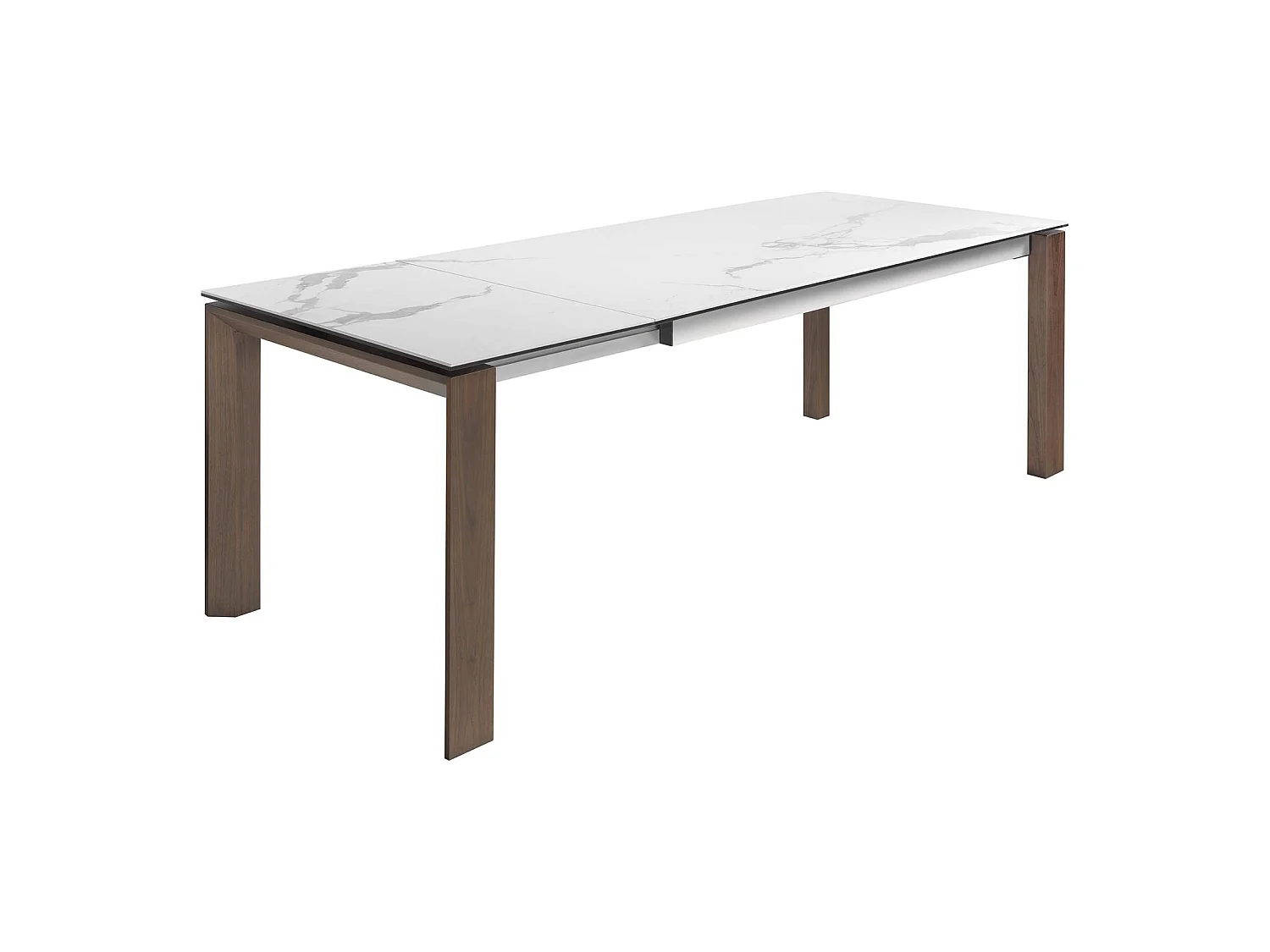 Table de diner plateau rectangulaire extensible en porcelaine et verre pieds bois