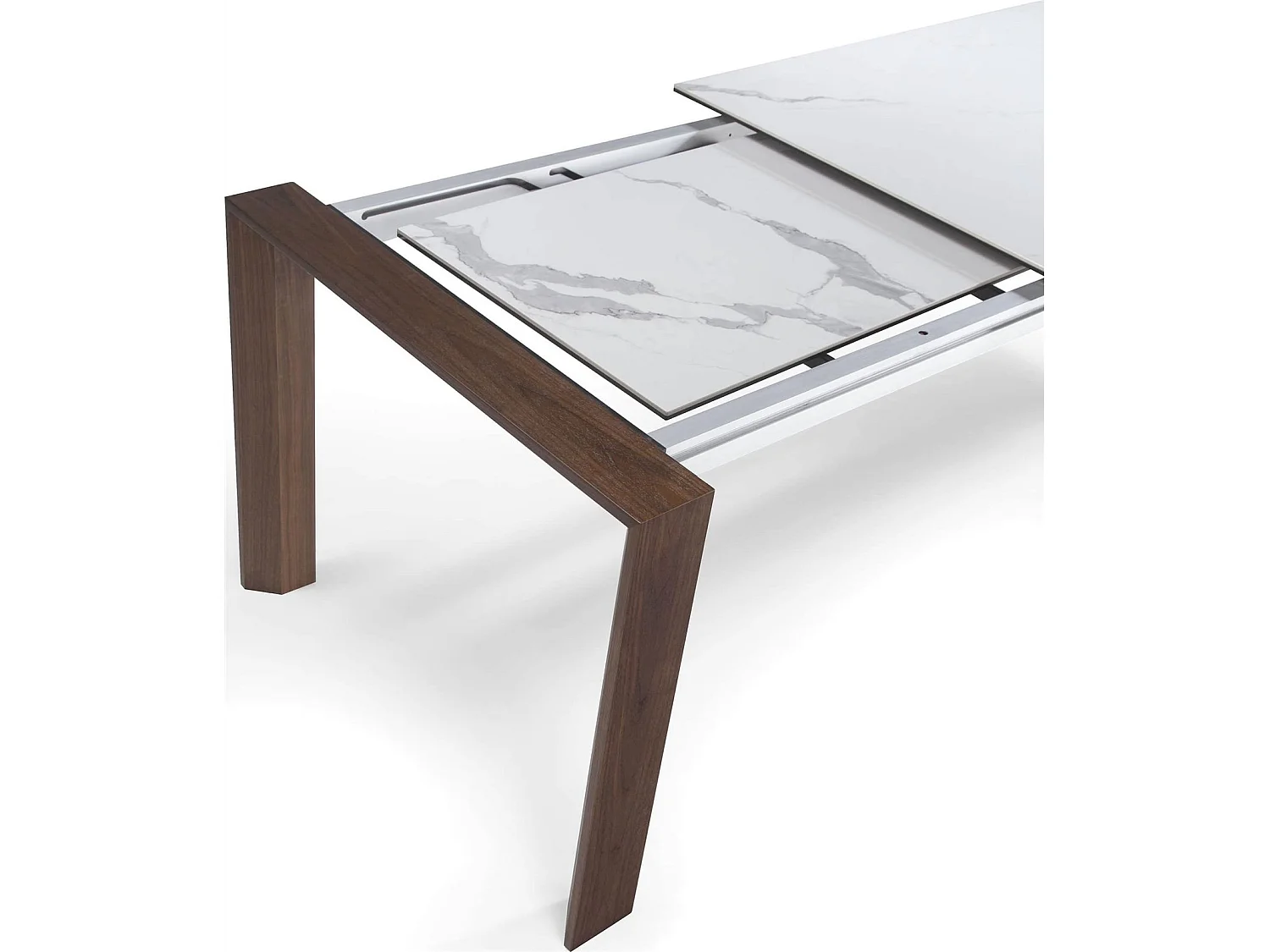 Table de diner plateau rectangulaire extensible en porcelaine et verre pieds bois