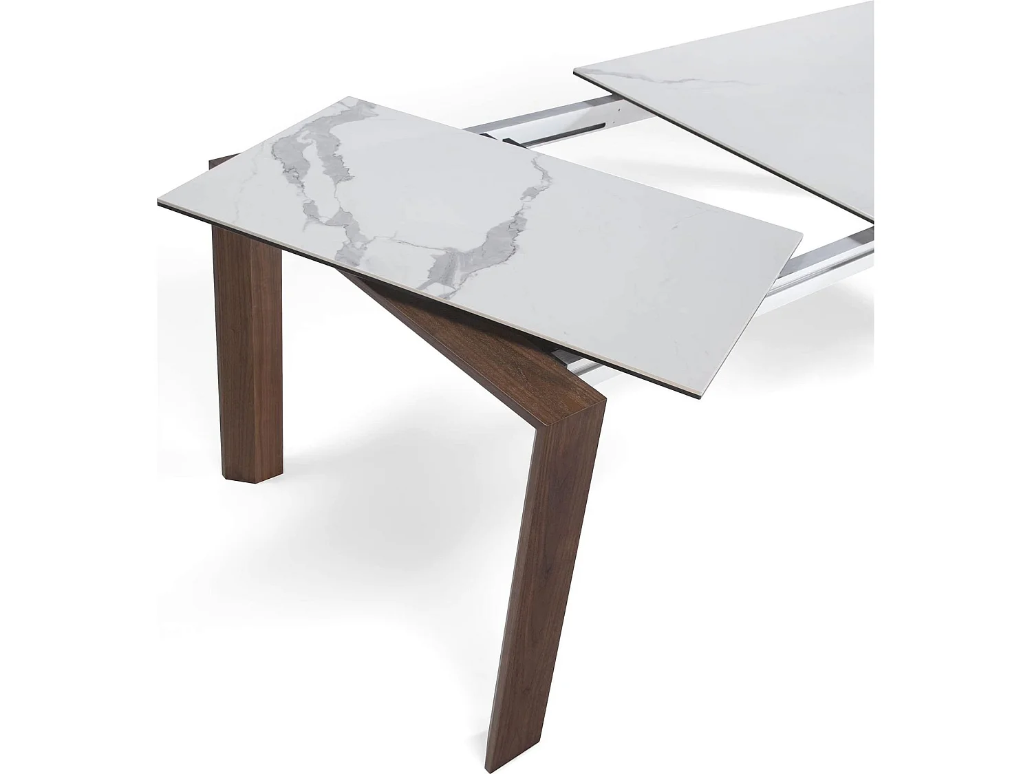 Table de diner plateau rectangulaire extensible en porcelaine et verre pieds bois
