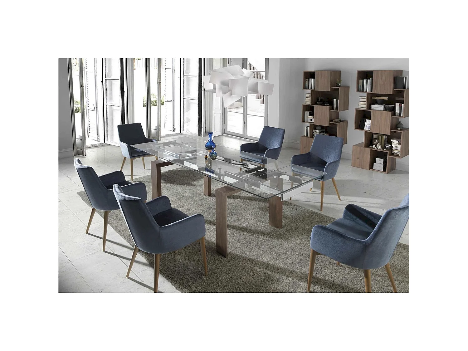 Table de diner extensible plateau verre trempé pieds bois