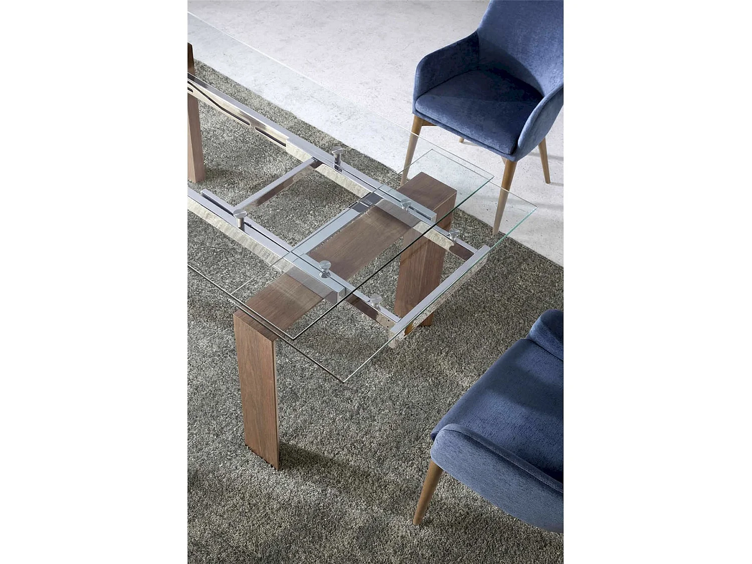 Table de diner extensible plateau verre trempé pieds bois