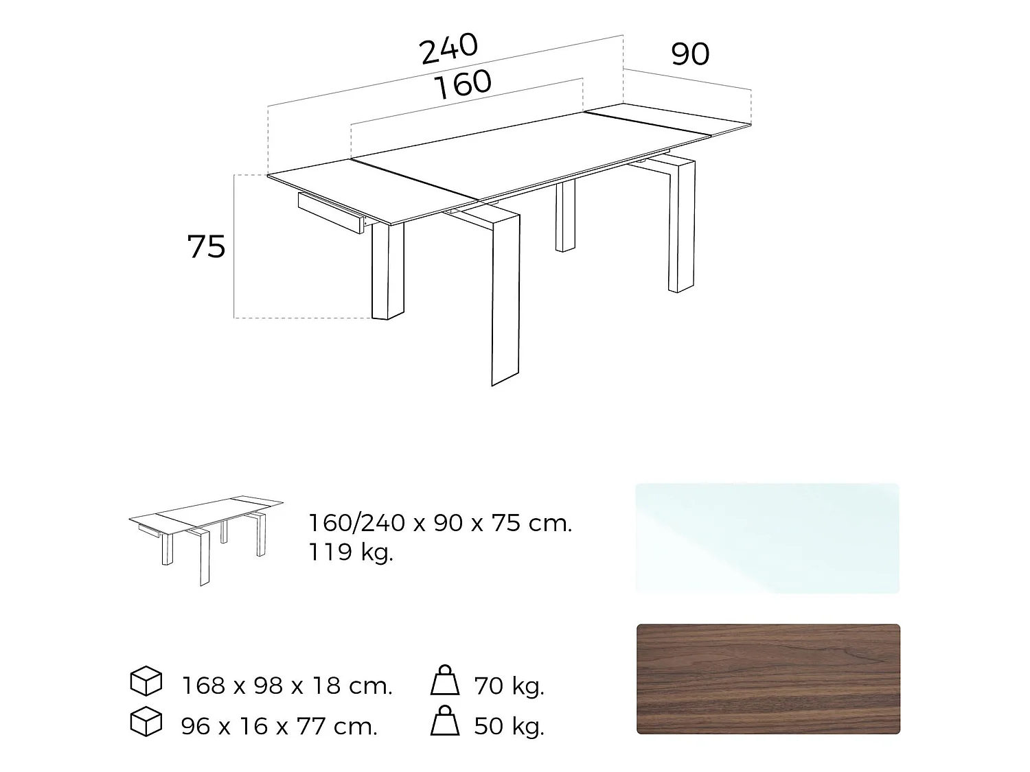 Table de diner extensible plateau verre trempé pieds bois