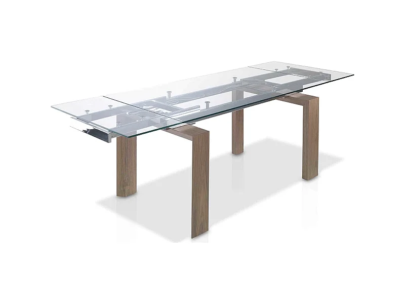 Table de diner extensible plateau verre trempé pieds bois