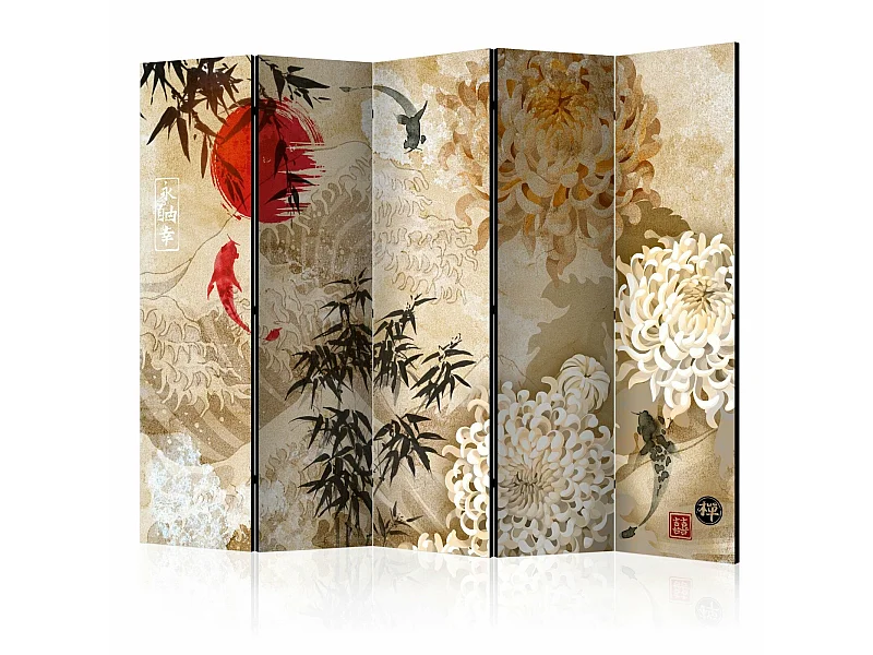 Paravent Poisson Danse II Déco Asiatique Élégante 5 Panneaux