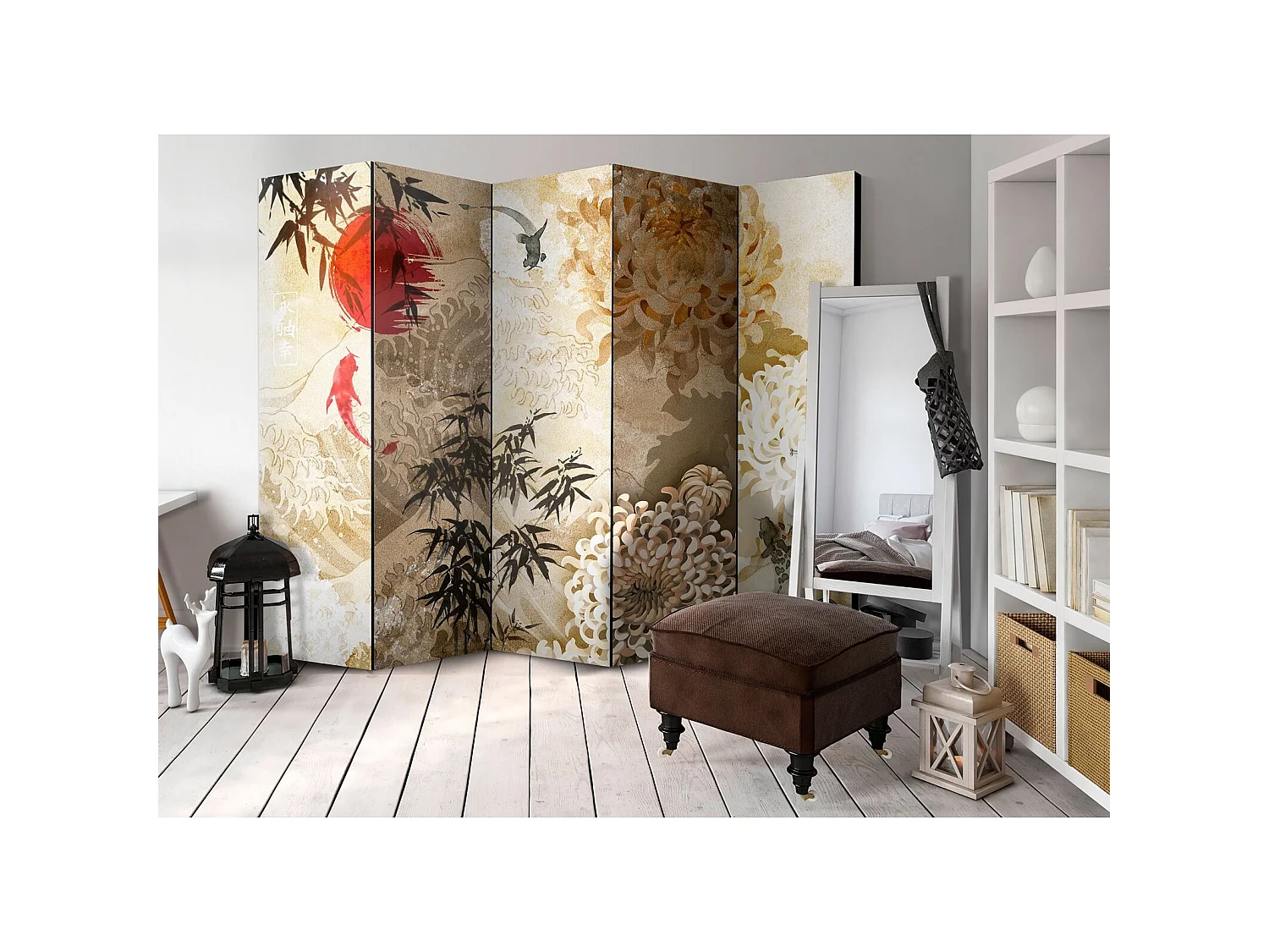 Paravent Poisson Danse II Déco Asiatique Élégante 5 Panneaux