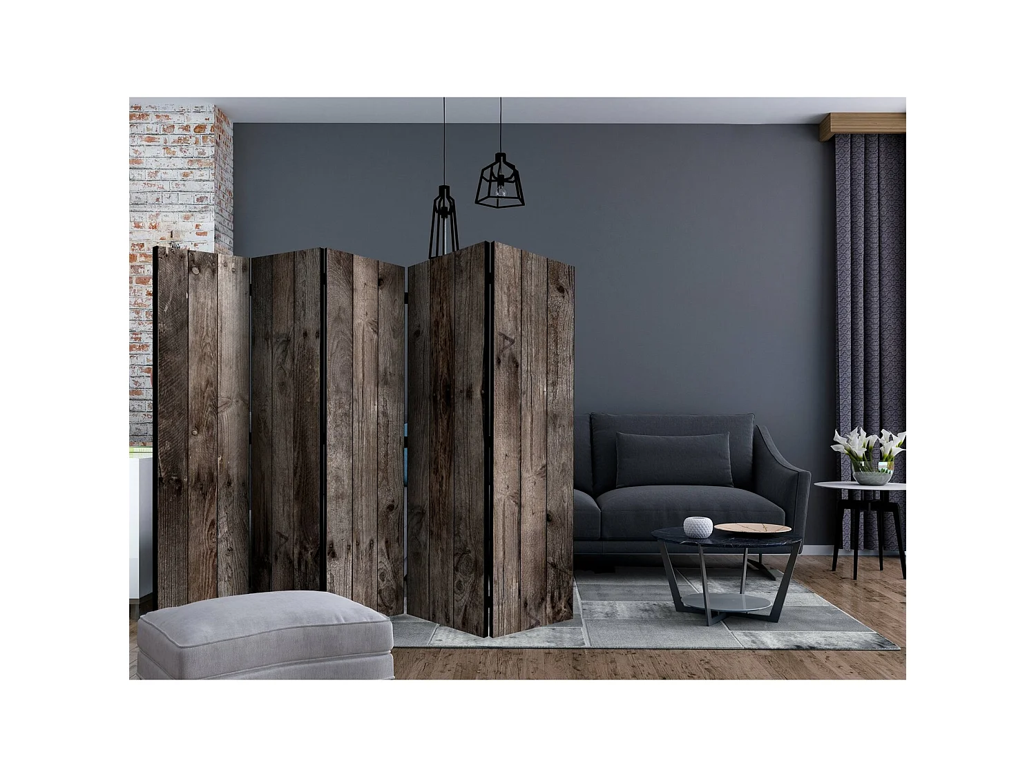 Paravent 5 Volets Design Bois Rustique avec Clous Decor