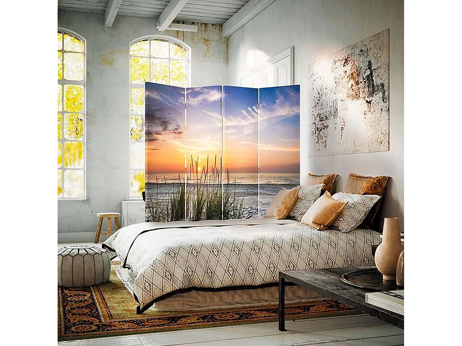 Paravent Décoratif Plage et Dunes pour Intérieur Zen - 145 x 180 cm - 2 faces R° V° + rotation 360°