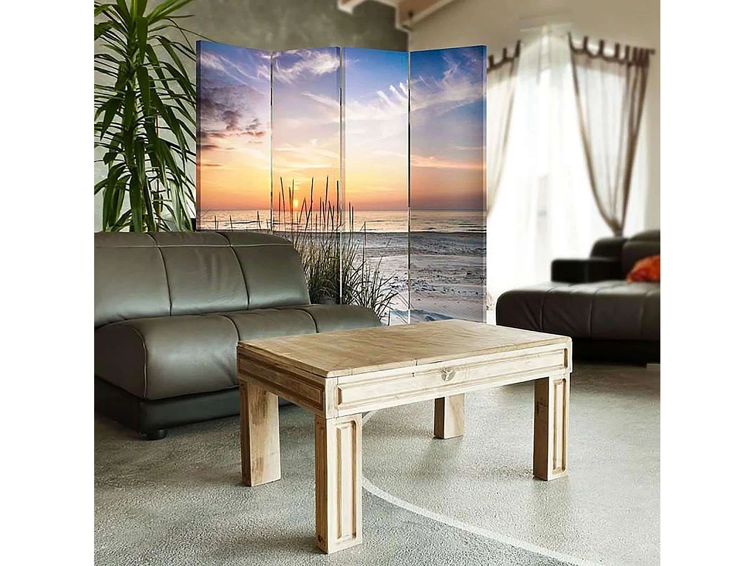 Paravent Décoratif Plage et Dunes pour Intérieur Zen - 145 x 180 cm - 2 faces R° V° + rotation 360°
