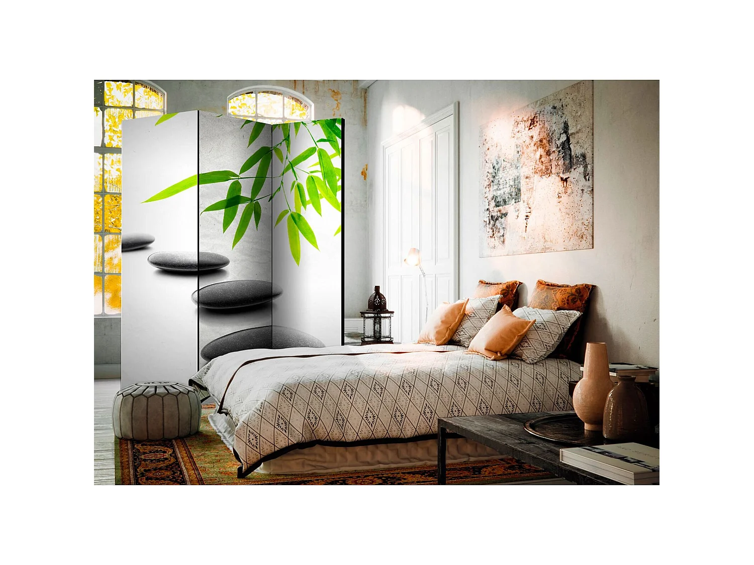 Paravent Design Zen avec Pierres et Feuillages pour Intérieur