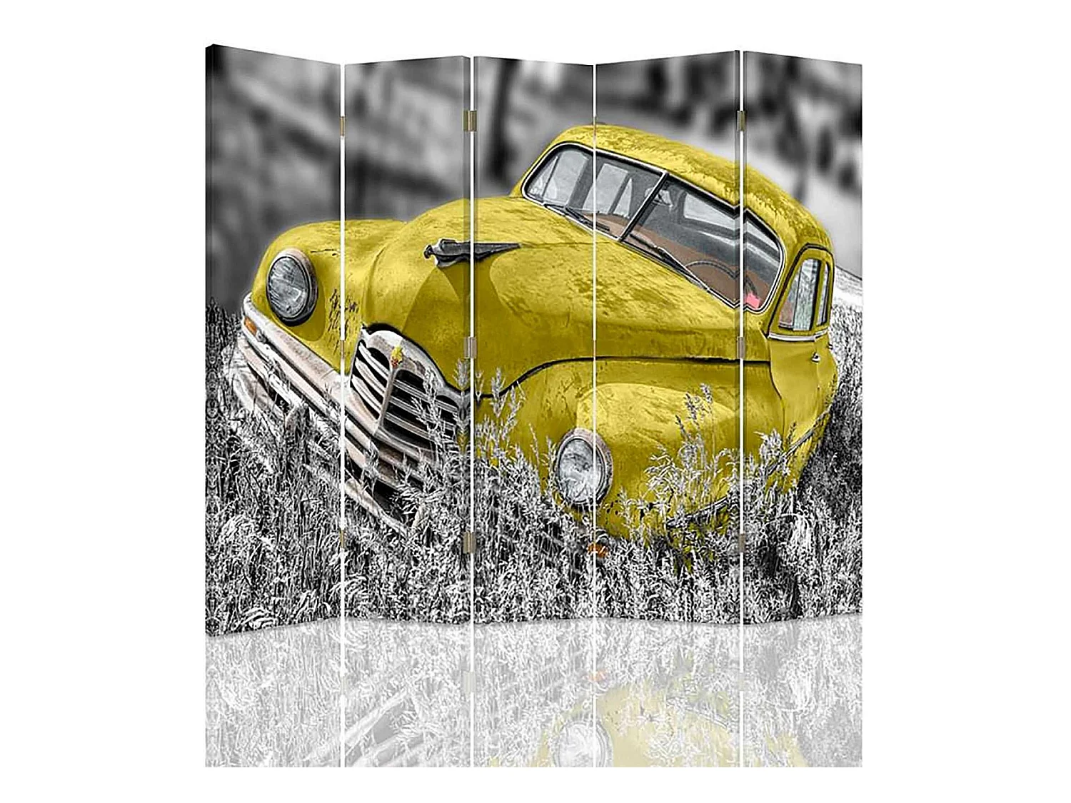 Paravent Design Voiture Rétro Jaune pour Décoration - 180 x 180 cm - 1 face déco, 1 face noir