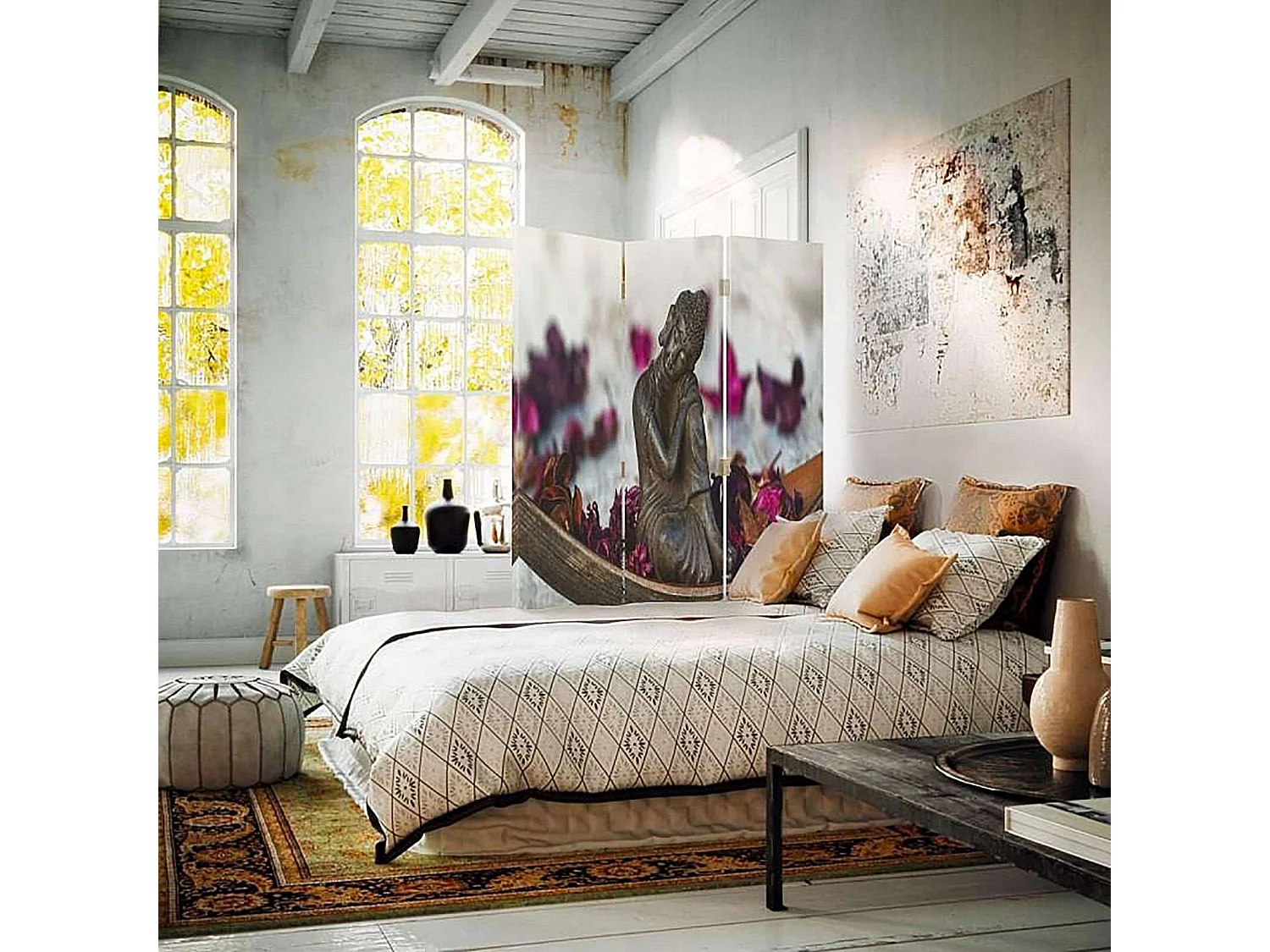 Paravent Design Zen Bouddha en Méditation 3 Panneaux - 110 x 150 cm - 2 faces R° V°