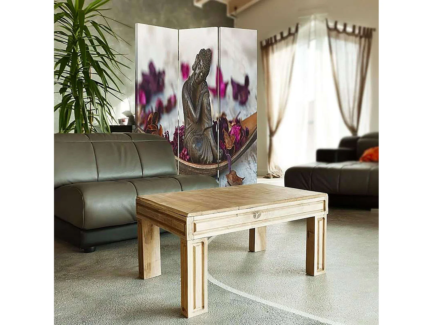 Paravent Design Zen Bouddha en Méditation 3 Panneaux - 110 x 150 cm - 2 faces R° V°