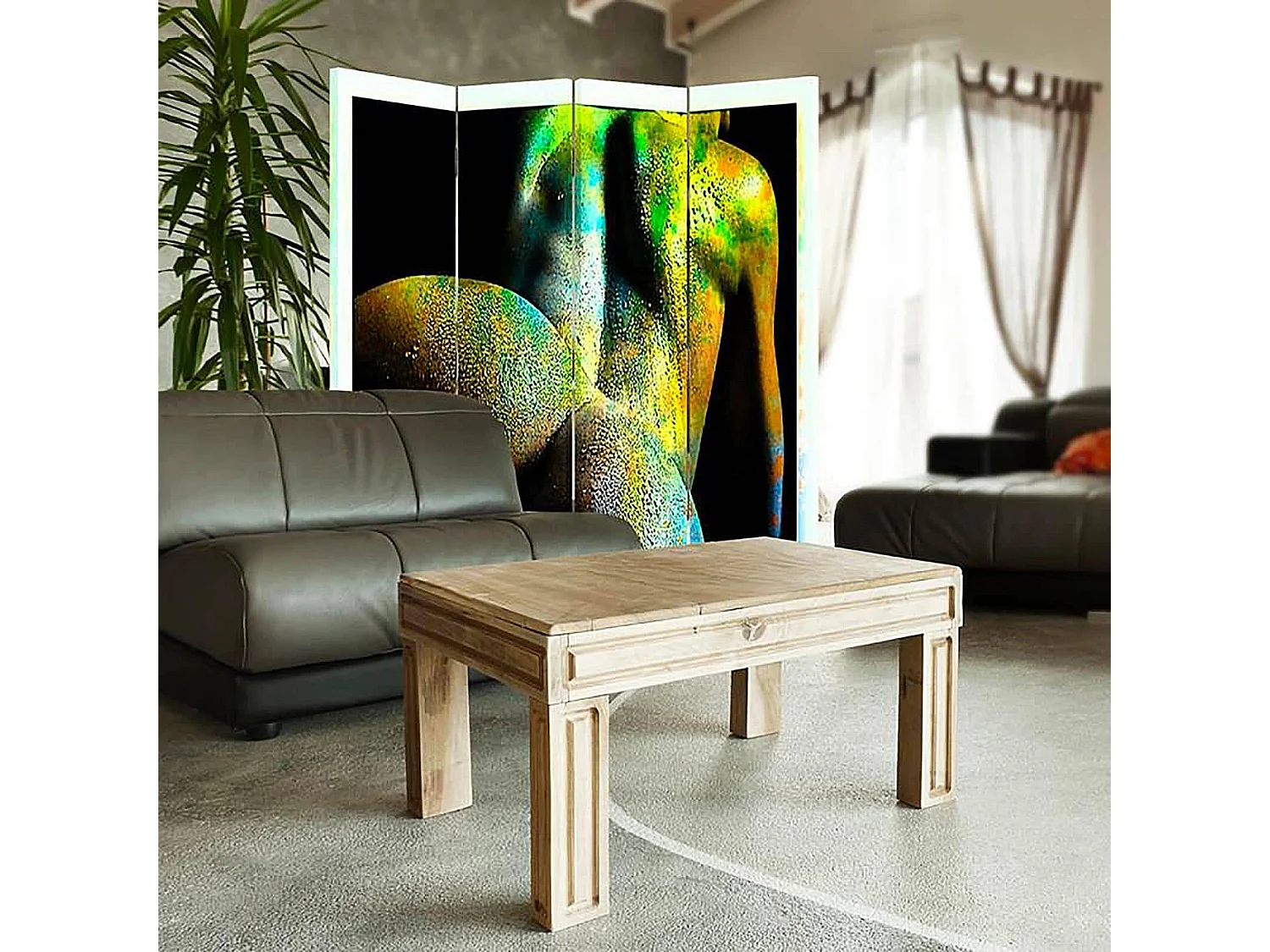 Paravent Acte Abstrait: Esthétique Moderne et Unique - 145 x 180 cm - 2 faces R° V°