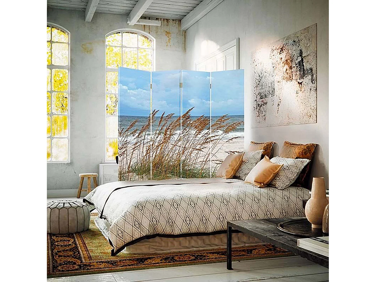 Paravent Herbe de la Mer Ambiance Bord de Plage 4 Volets - 145 x 150 cm - 2 faces R° V°