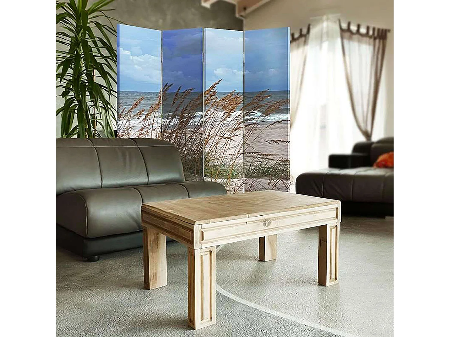 Paravent Herbe de la Mer Ambiance Bord de Plage 4 Volets - 145 x 150 cm - 2 faces R° V°