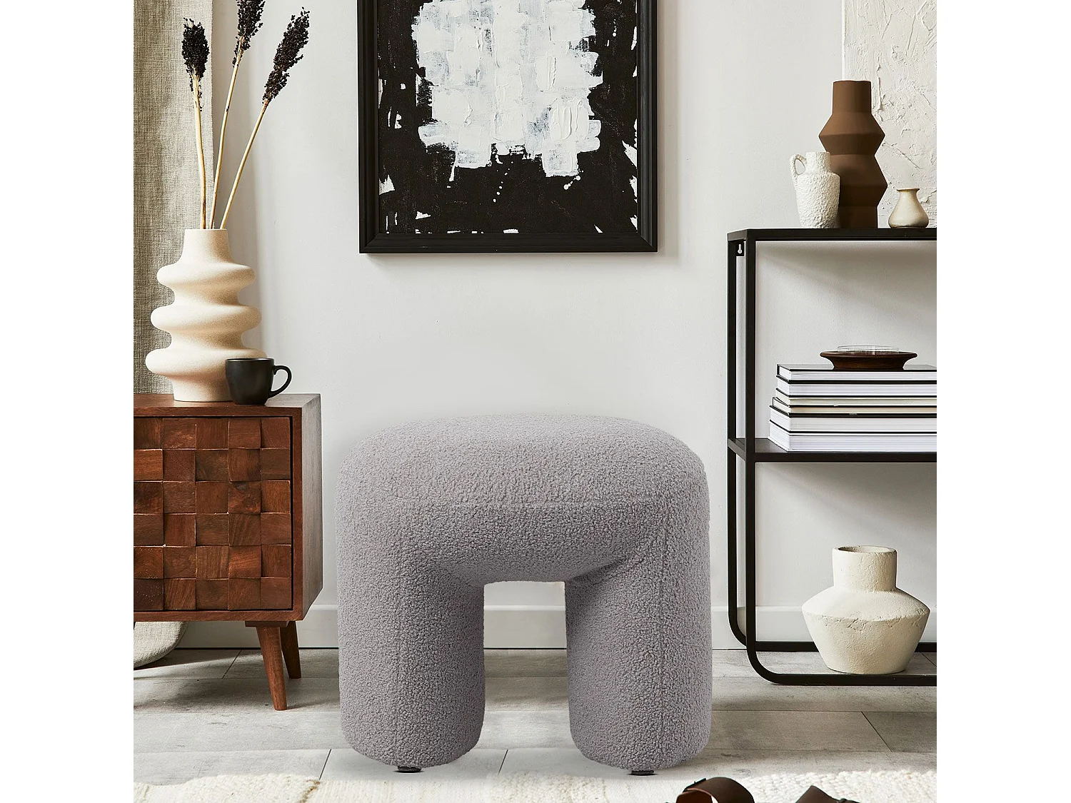 Pouf tendance Armania L46cm Tissu bouclette Gris