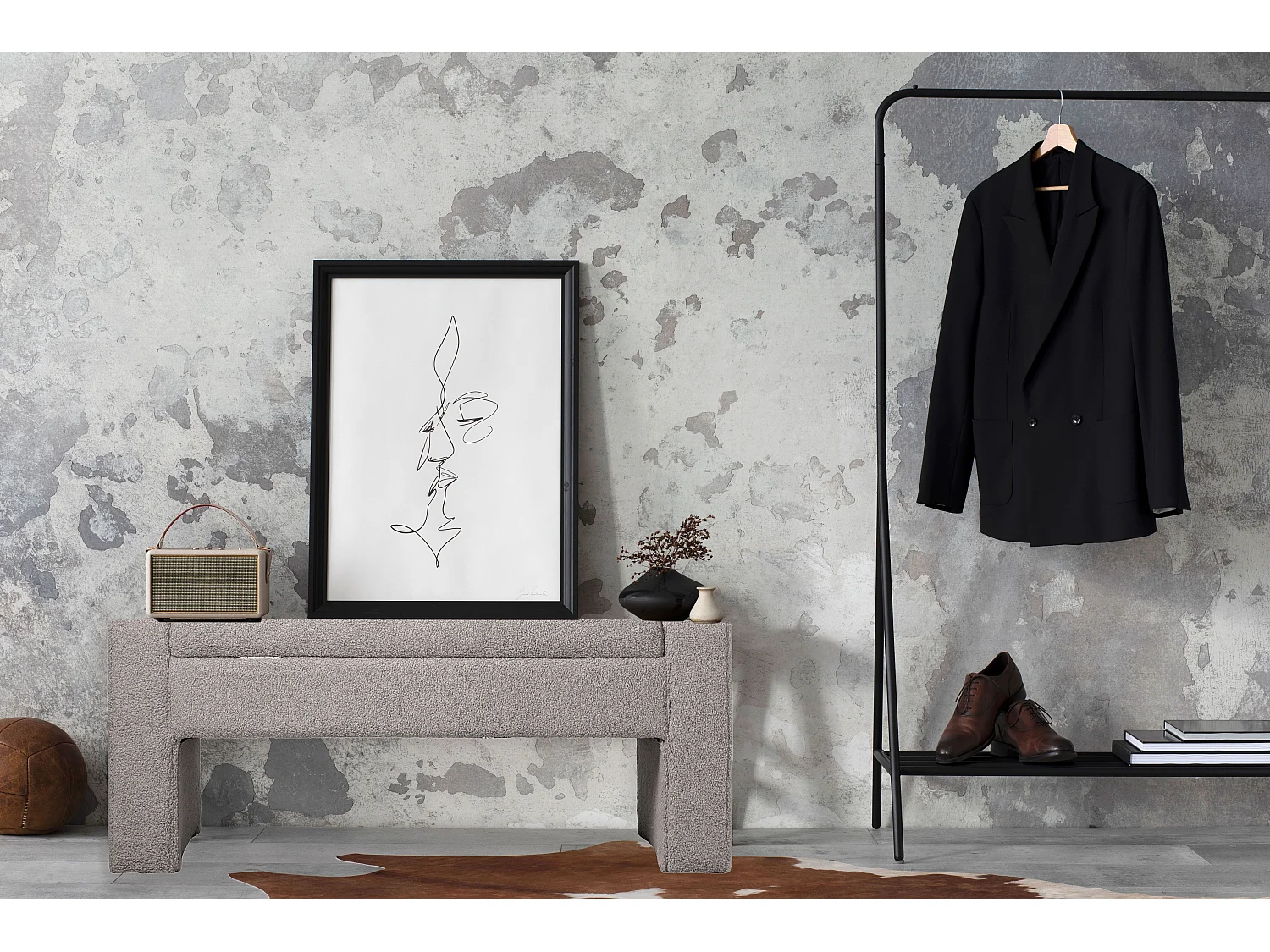 Banquette-coffre Rodney Tissu bouclette Gris