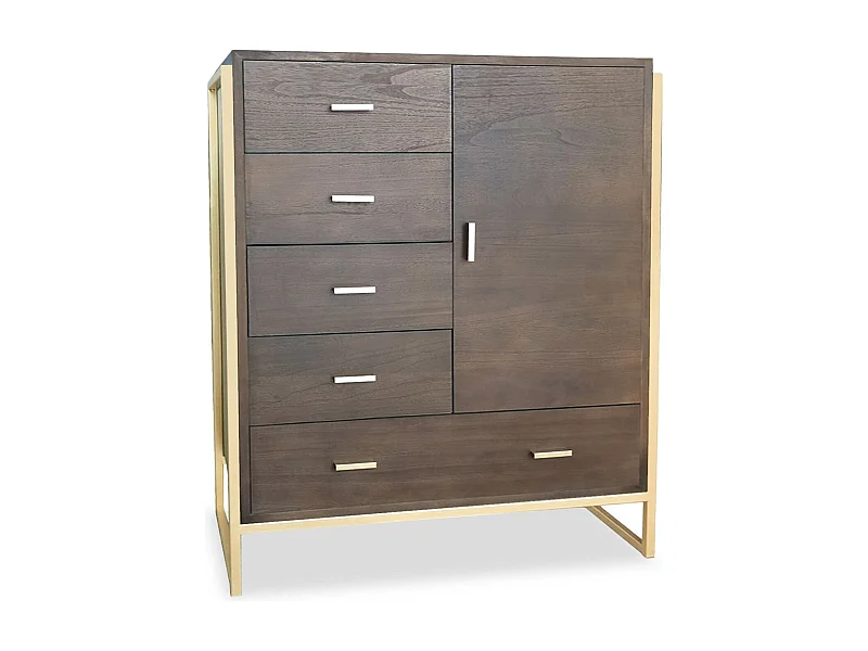 Buffet haut 5 tiroirs et 1 porte Edgar L90cm Bois Marron et Métal Or