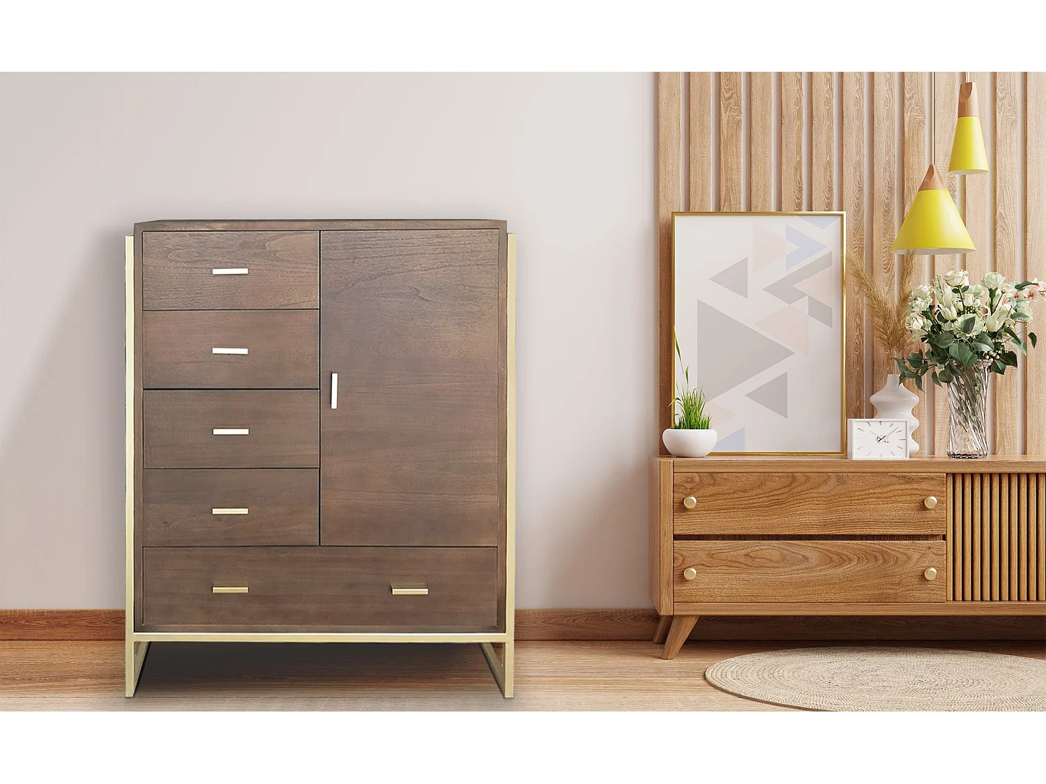 Buffet haut 5 tiroirs et 1 porte Edgar L90cm Bois Marron et Métal Or