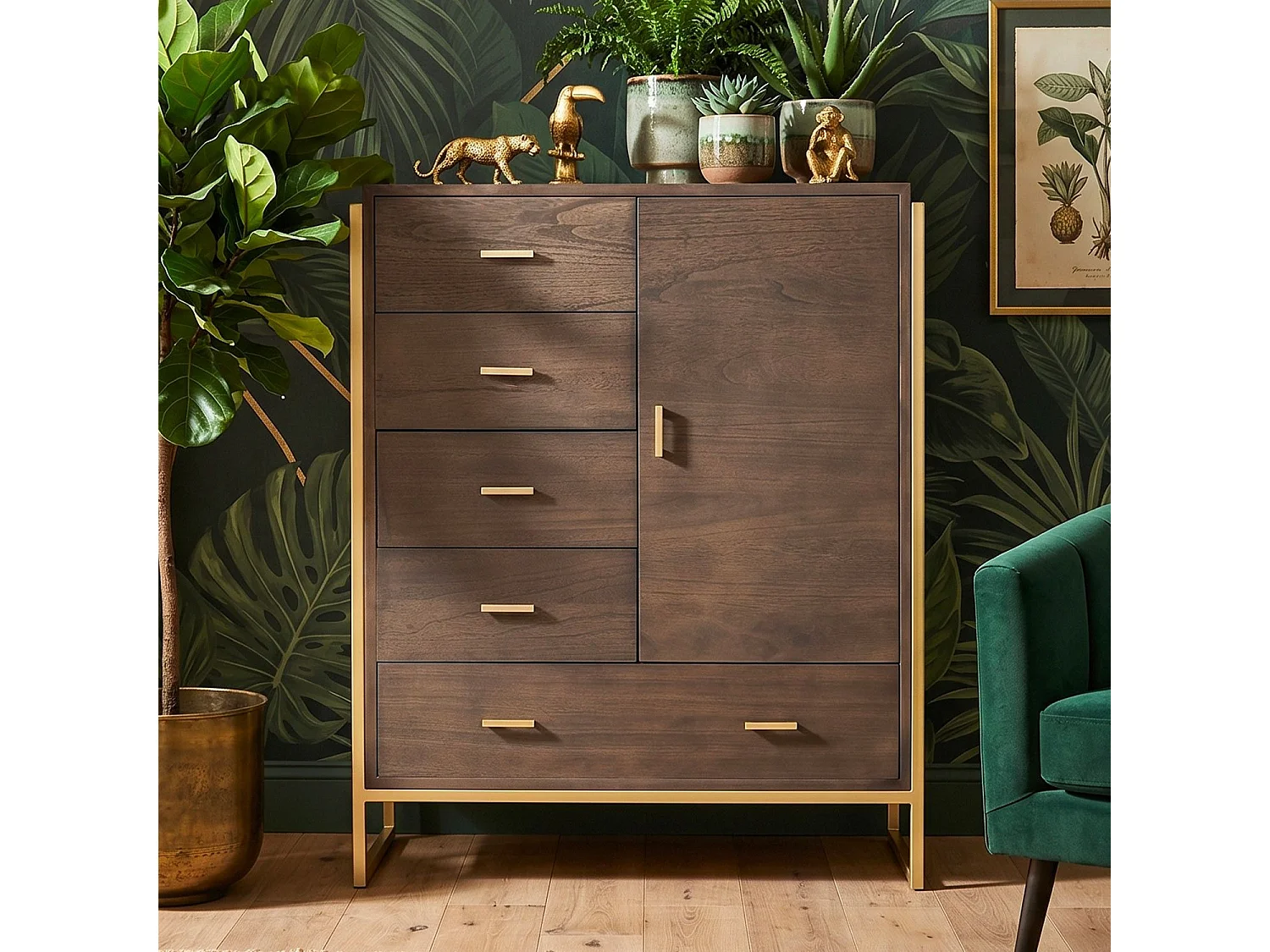 Buffet haut 5 tiroirs et 1 porte Edgar L90cm Bois Marron et Métal Or