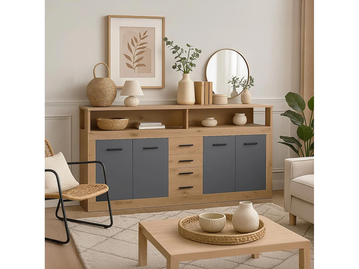 Buffet 4 Portes & 4 Tiroirs "Luna" 190cm Naturel & Gris