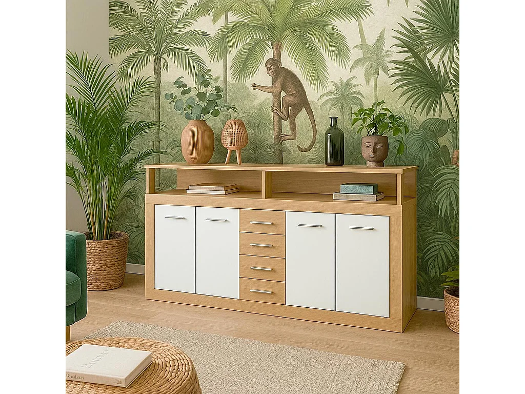 Buffet contemporain L190cm 4 portes er 4 tiroirs Lunata Bois sonoma et Blanc