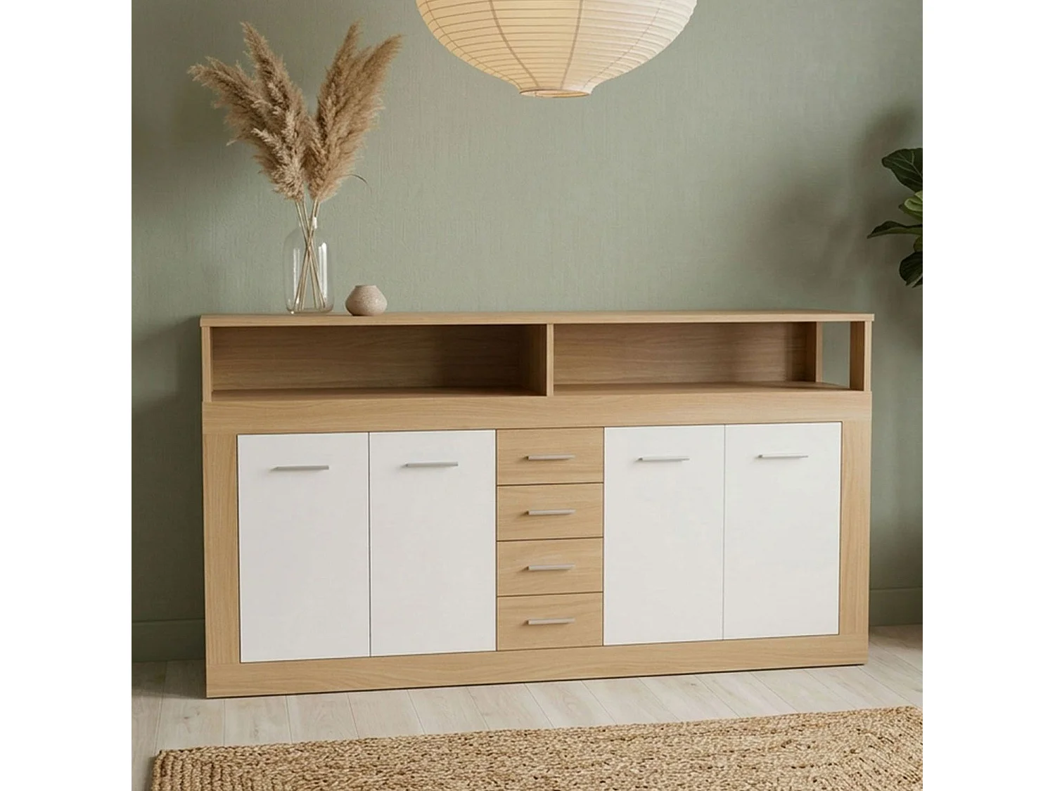 Buffet contemporain L190cm 4 portes er 4 tiroirs Lunata Bois sonoma et Blanc