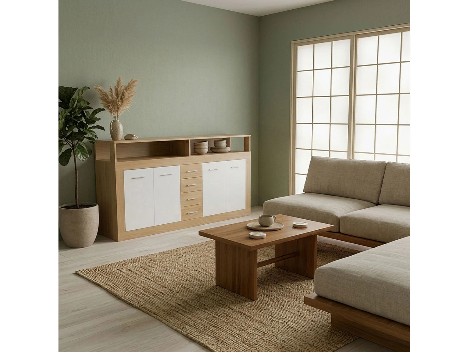 Buffet contemporain L190cm 4 portes er 4 tiroirs Lunata Bois sonoma et Blanc