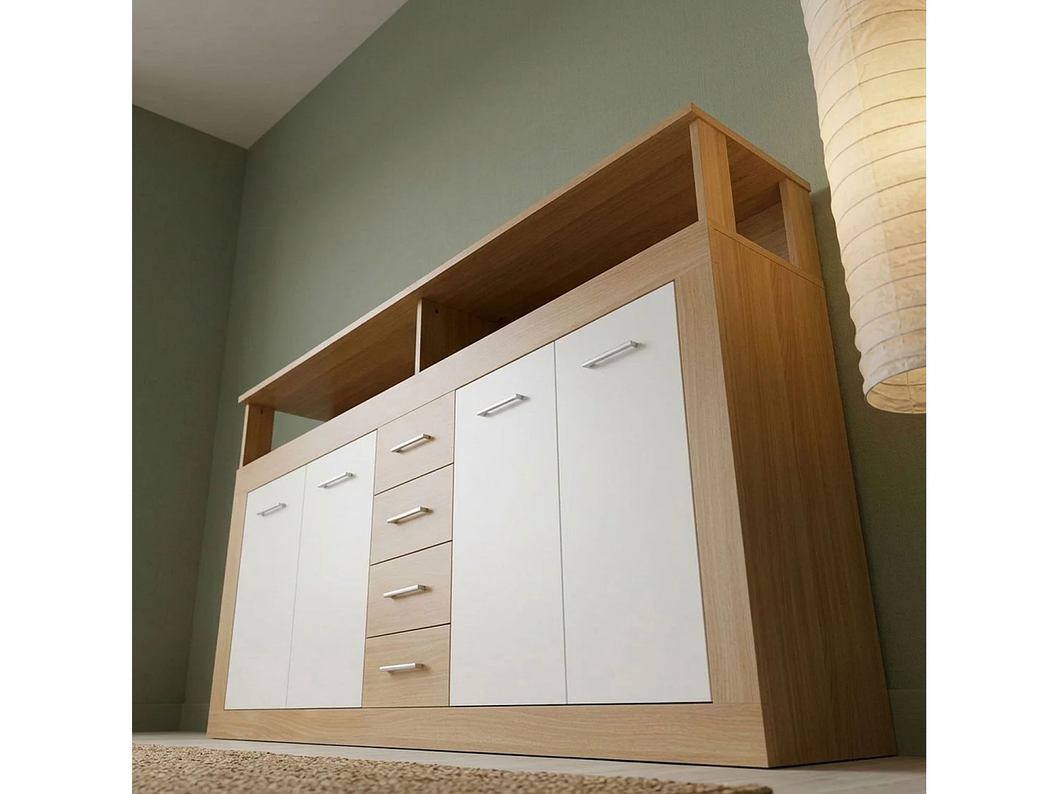 Buffet contemporain L190cm 4 portes er 4 tiroirs Lunata Bois sonoma et Blanc