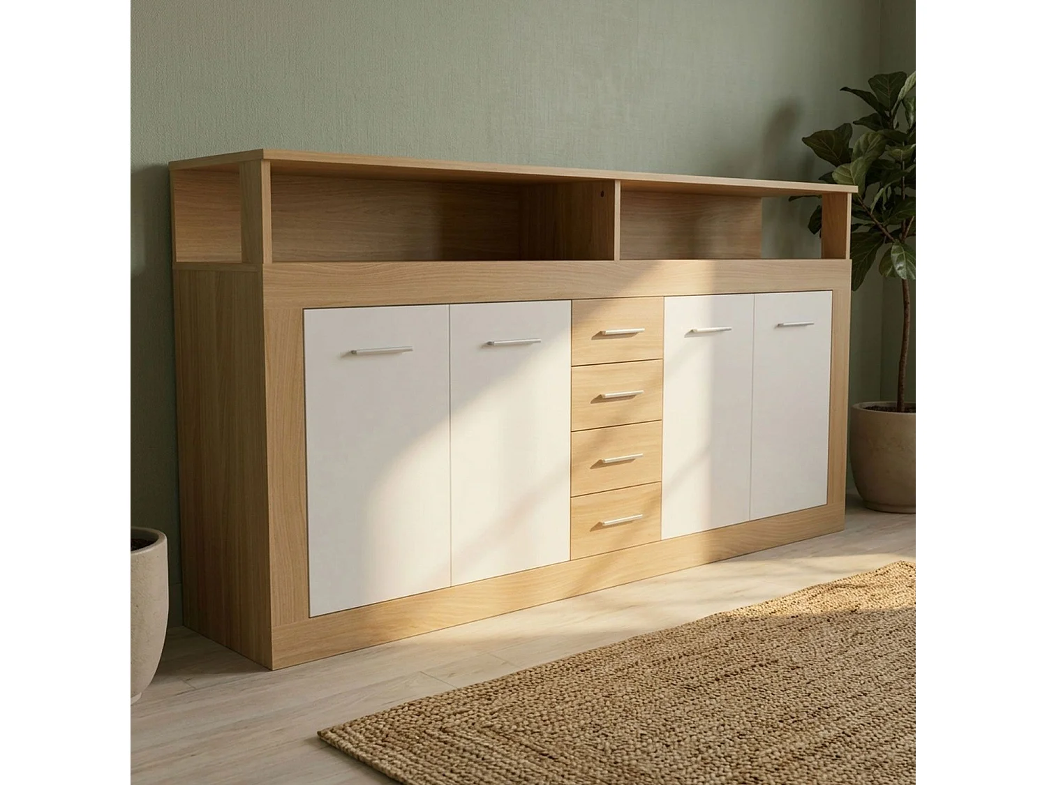 Buffet contemporain L190cm 4 portes er 4 tiroirs Lunata Bois sonoma et Blanc