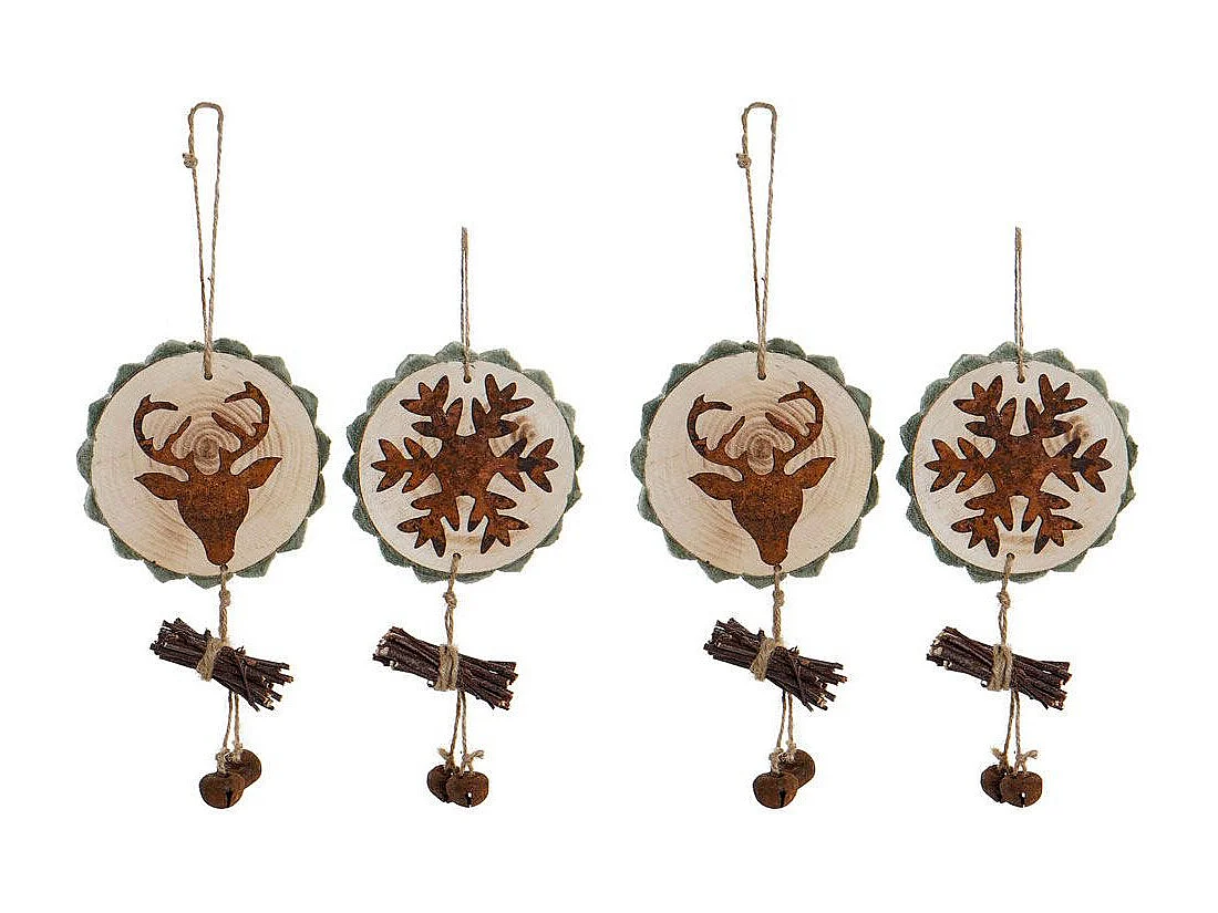 Set de 4 décorations de sapin de Noël Molard Pin massif Naturel et Rouge