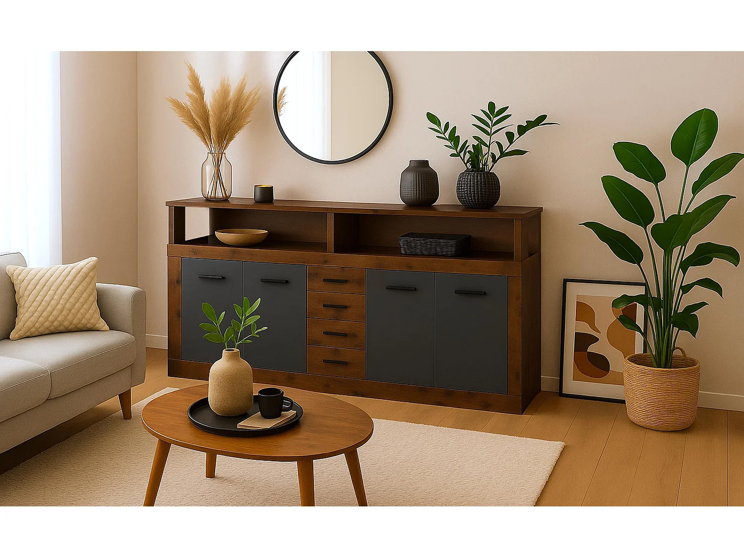 Buffet style industriel L190cm 4 portes er 4 tiroirs Lunata Bois foncé et Gris