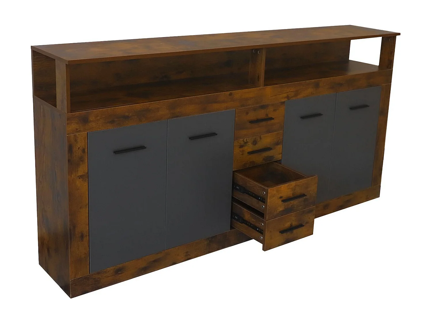 Buffet style industriel L190cm 4 portes er 4 tiroirs Lunata Bois foncé et Gris